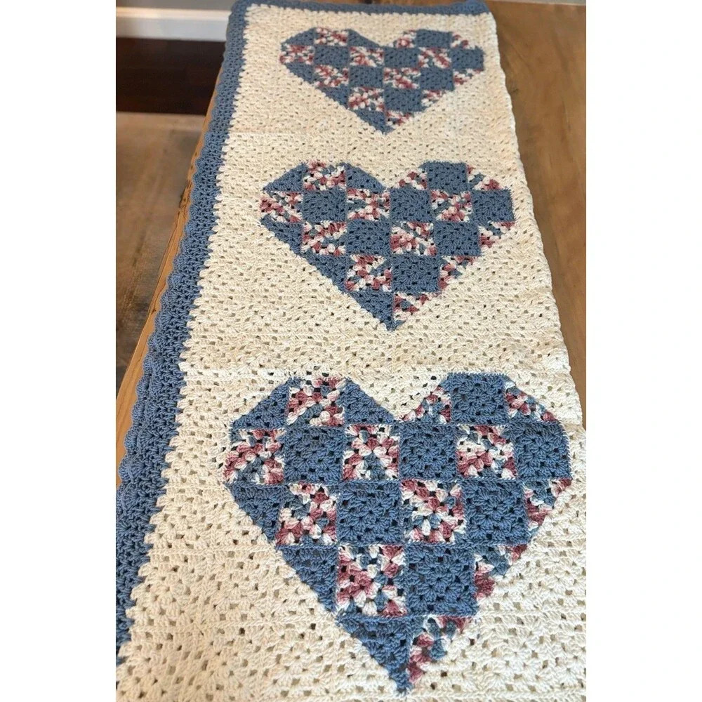 Handmade Crochet Granny Square Sofa Throw Blanket, Multicolor Vintage Hearts